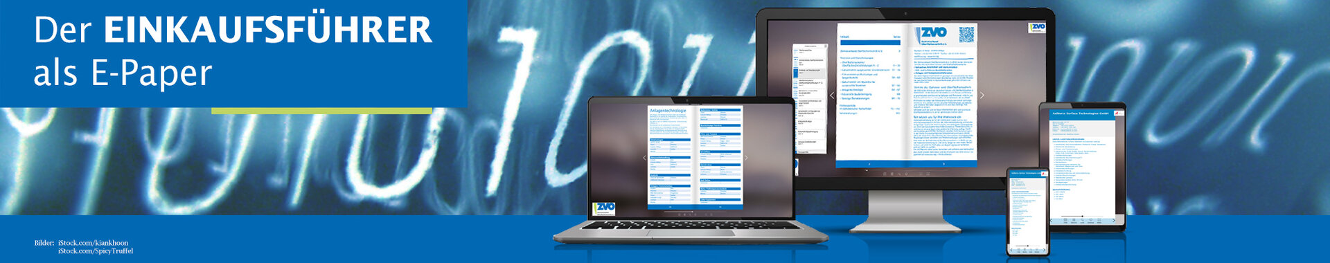 Headerbild mit Aufschrift Einkaufsführer als E-Paper und verschiedenen mobilen Ausgabegeräten vor einem Hintergrund aus Nullen und Einsen